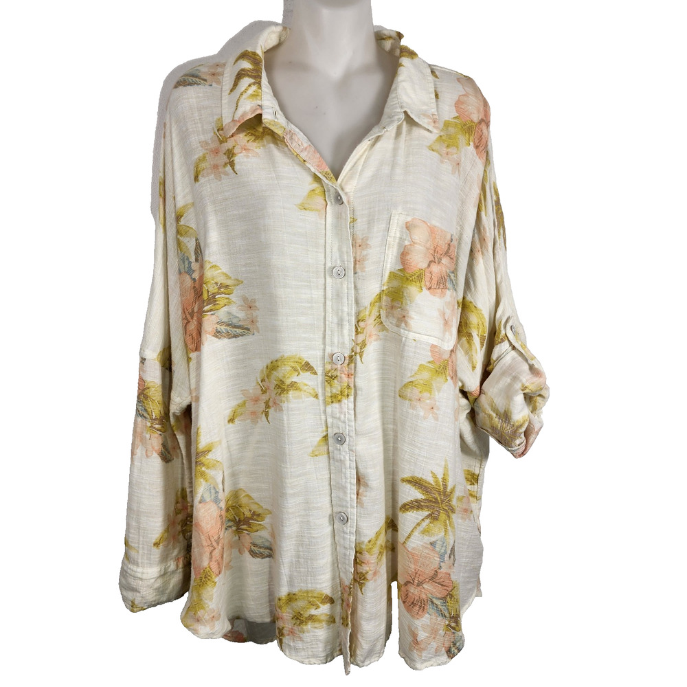American Eagle AE Women Go Big Oversized Shirt M Cream Button Tropical Tab Slv